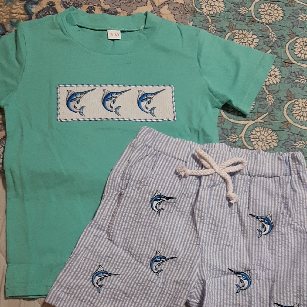 Kids Mint Green Short-Sleeve Short Set with Marlin Embroidery & Striped Shorts